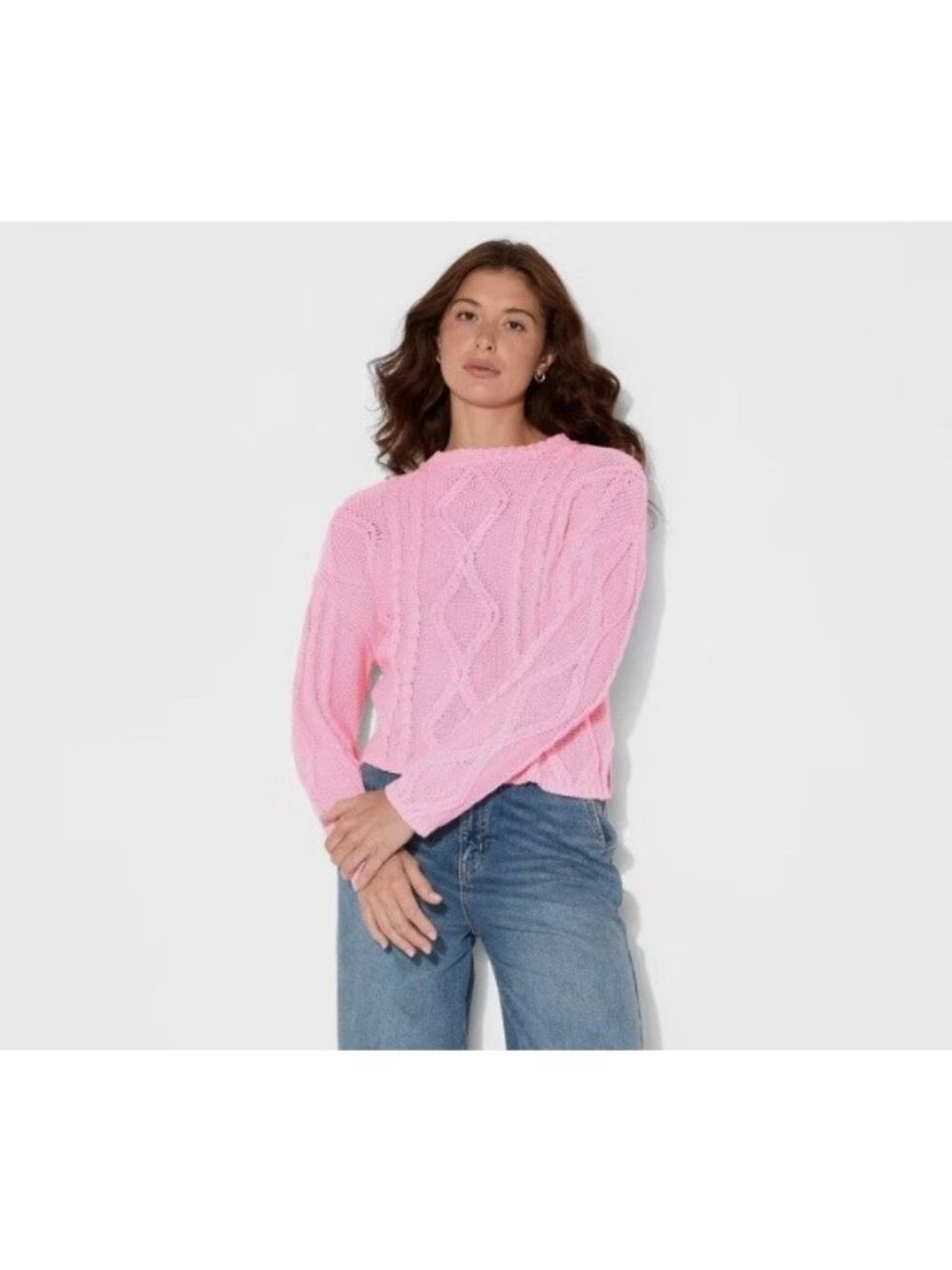 Wild Fable Women's Vibrant Pink Cable Knit Crew Neck Pullover Sweater Size M NWT